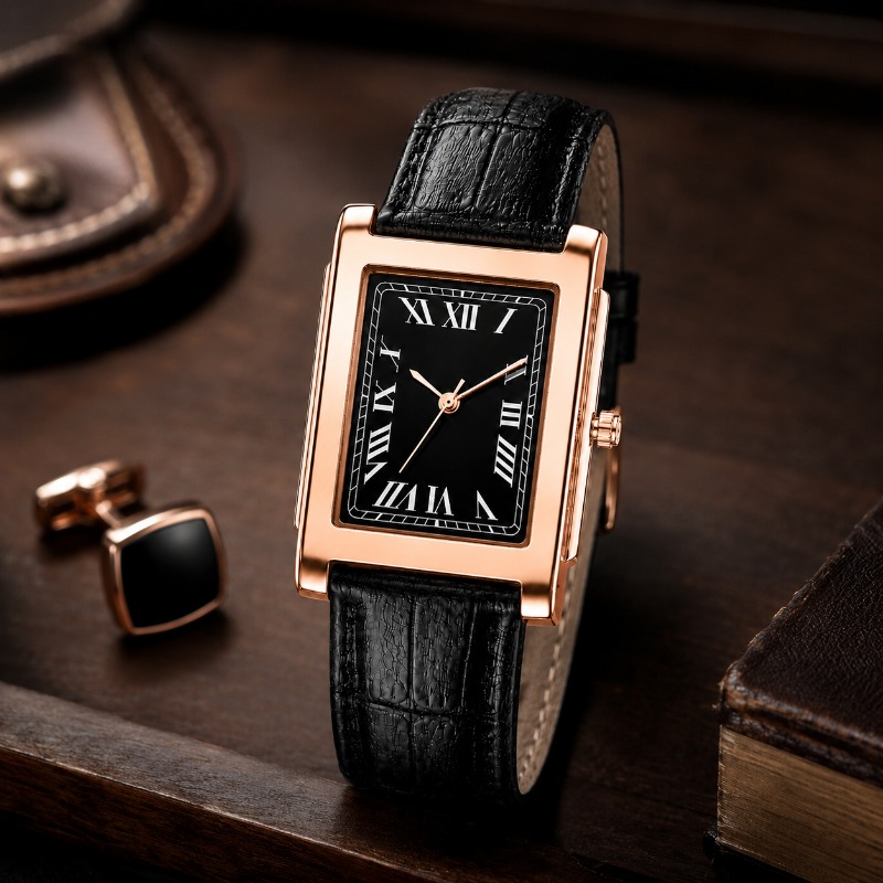 Smartwatch Square Watches For Men - นาฬิกาข้อมือผู้ชายสไตล์คลาสสิก หน้าปัดทรงสี่เหลี่ยมพร้อมตัวเลขโรมัน สายหนัง ระบบควอตซ์ ดีไซน์หรูหรา เหมาะสำหรับการแต่งกายที่ดูสง่างาม